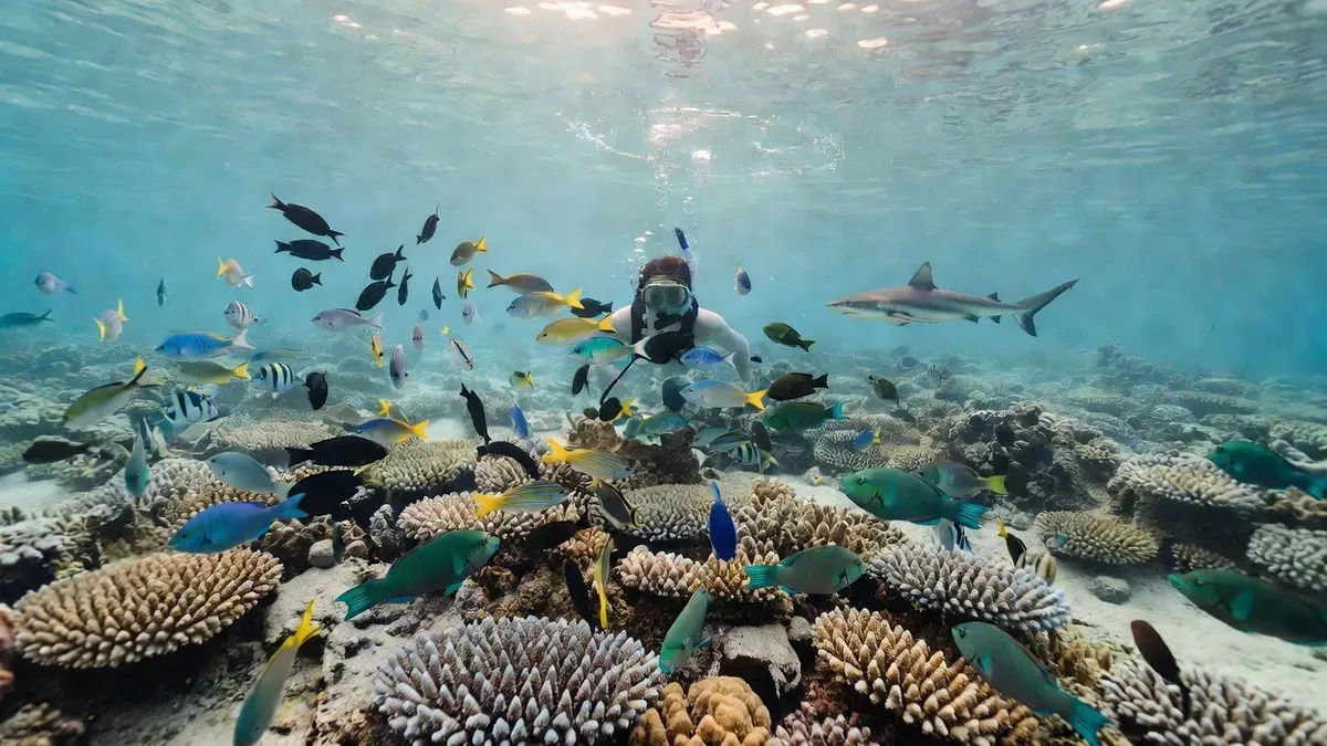 A snorkeler drifting above vibrant coral formations at Coral Garden Tiahura in Moorea, surrounded by colorful tropical fish and blacktip reef sharks in clear turquoise water