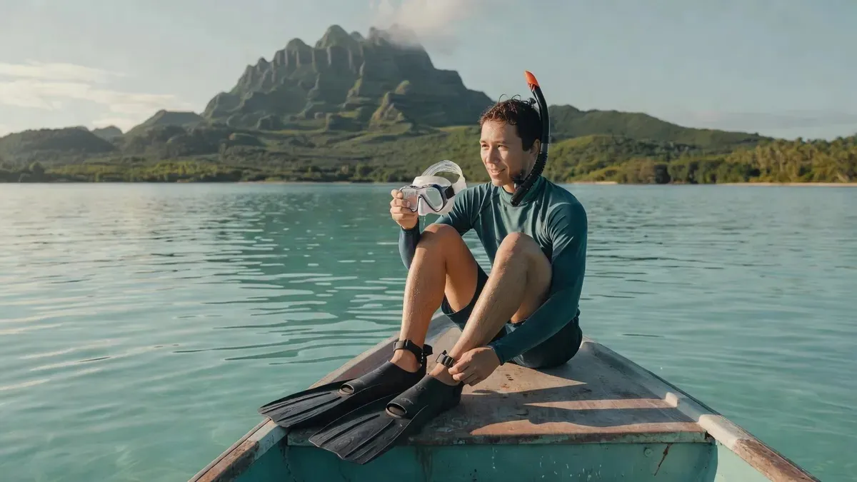 A snorkeler preparing snorkel gear on the deck of a boat in Moorea lagoon before entering the water, mountains of Moorea visible in the background