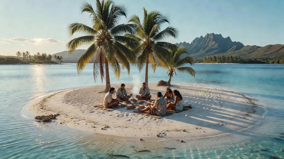 Guests enjoying a traditional BBQ lunch on a secluded motu in Moorea's lagoon, palm trees and turquoise water surrounding a white sand beach during the TOREA NUI canoe tour
