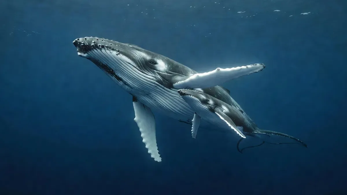 A humpback whale and her calf swimming just below the surface in Moorea's open ocean, viewed from a snorkeler at water level during the Ariki Tours whale swimming experience