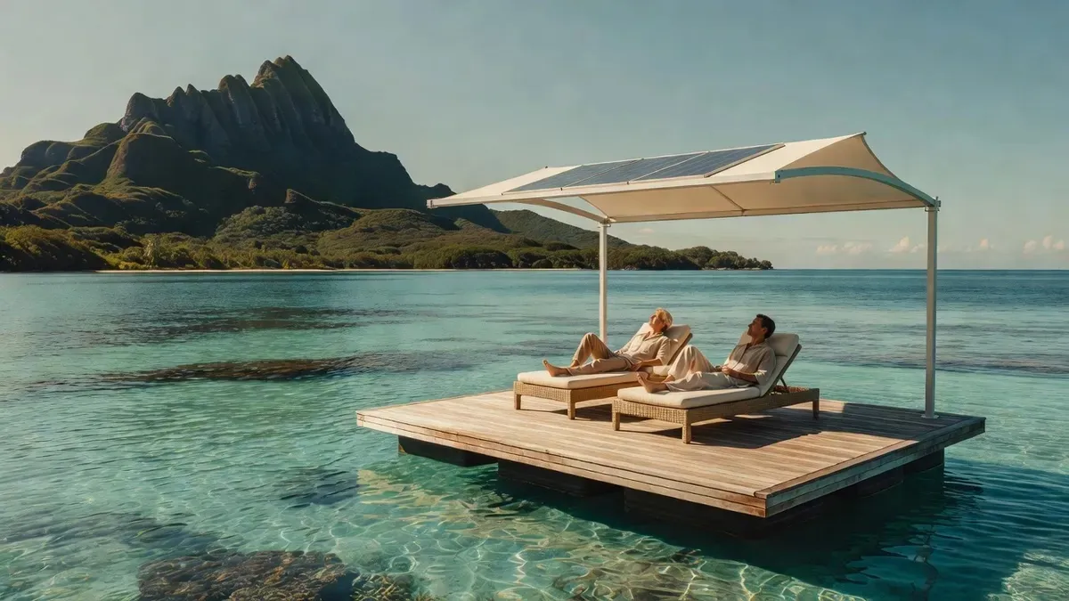 A sleek solar-powered floating lounge anchored in the crystal-clear turquoise lagoon of Moorea, French Polynesia, with guests relaxing on the shaded deck and Mount Rotui visible in the background