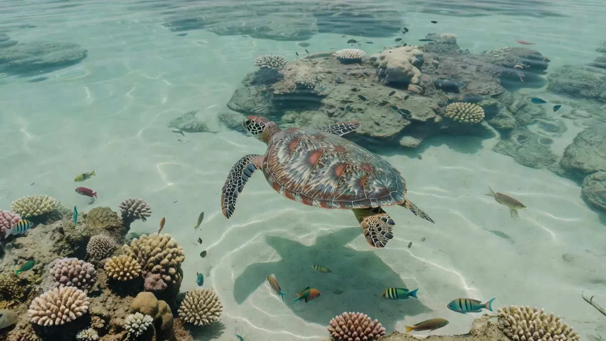 A green sea turtle drifting through clear turquoise water in Moorea's lagoon near Tiahura, French Polynesia — a regular sighting on the Moorea Sea Experience small group snorkeling tour