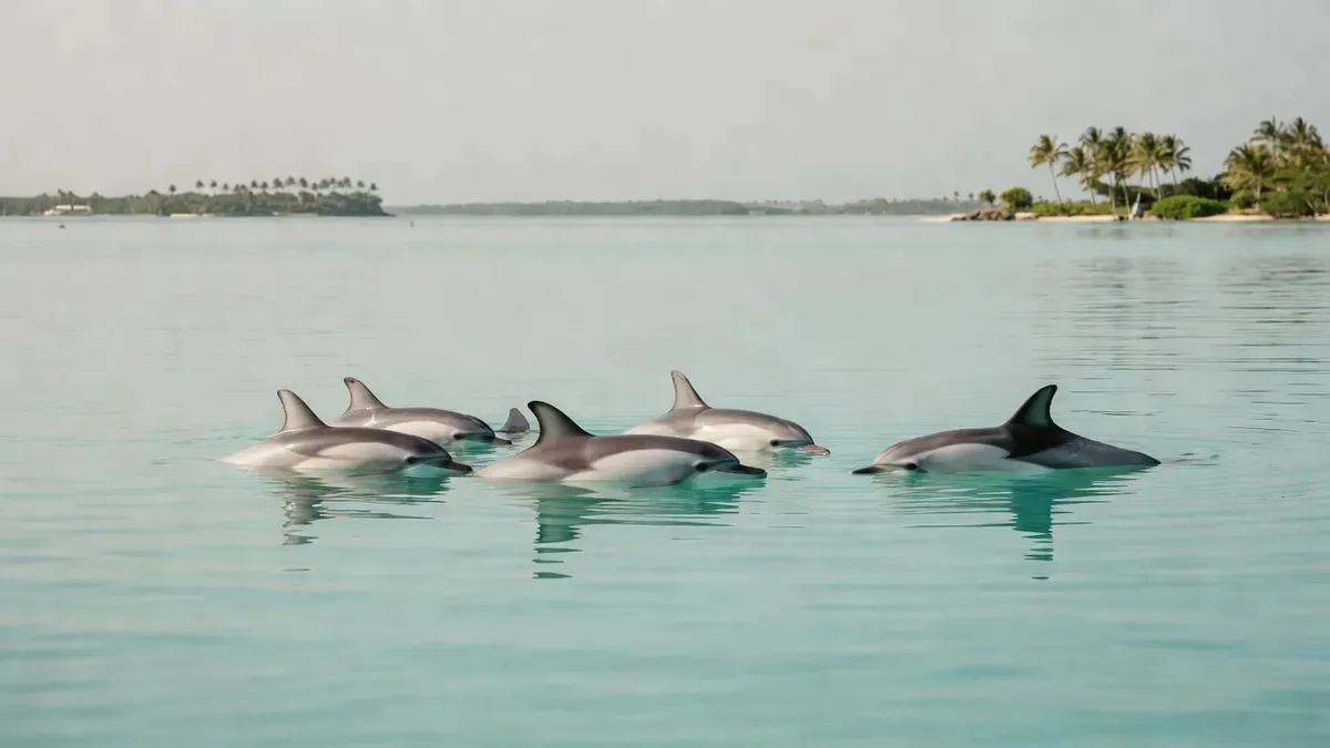 A pod of spinner dolphins resting in the turquoise lagoon near Haapiti on the south coast of Moorea, French Polynesia — a regular stop on the Moorea Sea Experience small group snorkeling tour