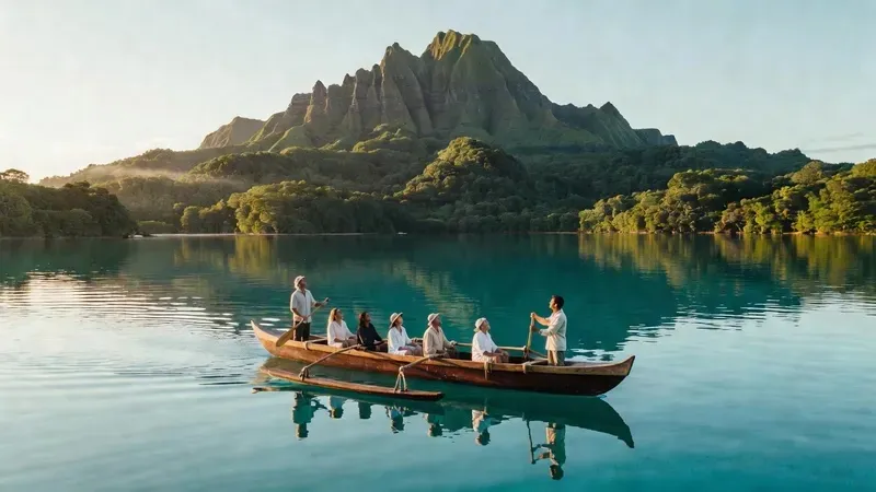 A canoe gliding across the calm turquoise lagoon of Moorea with lush green mountains in the background on the Lagoon Canoe Snorkeling and BBQ Tour