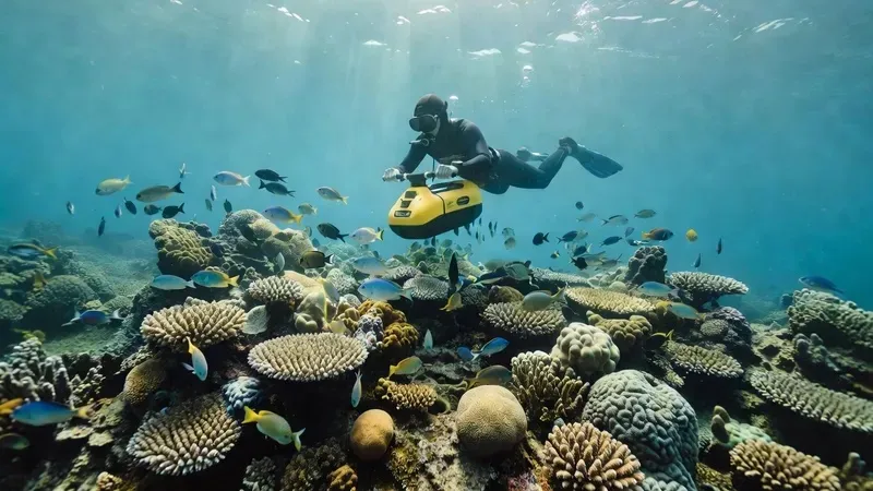 A snorkeler gliding over a coral reef in Moorea using a sea scooter, colorful tropical fish visible below in crystal-clear turquoise water
