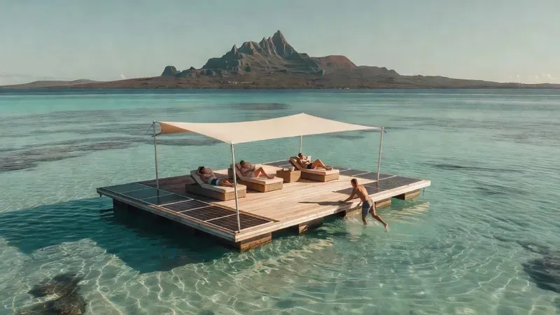 A snorkeler hovering above a stingray in Moorea's crystal-clear shallow lagoon, seen from a luxury floating lounge snorkeling tour with coral formations below